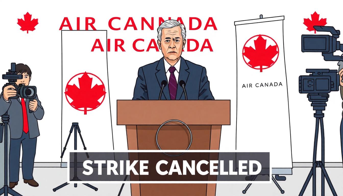 Image: Canadian official announces strike cancellation at a press podium with labor and Air Canada banners