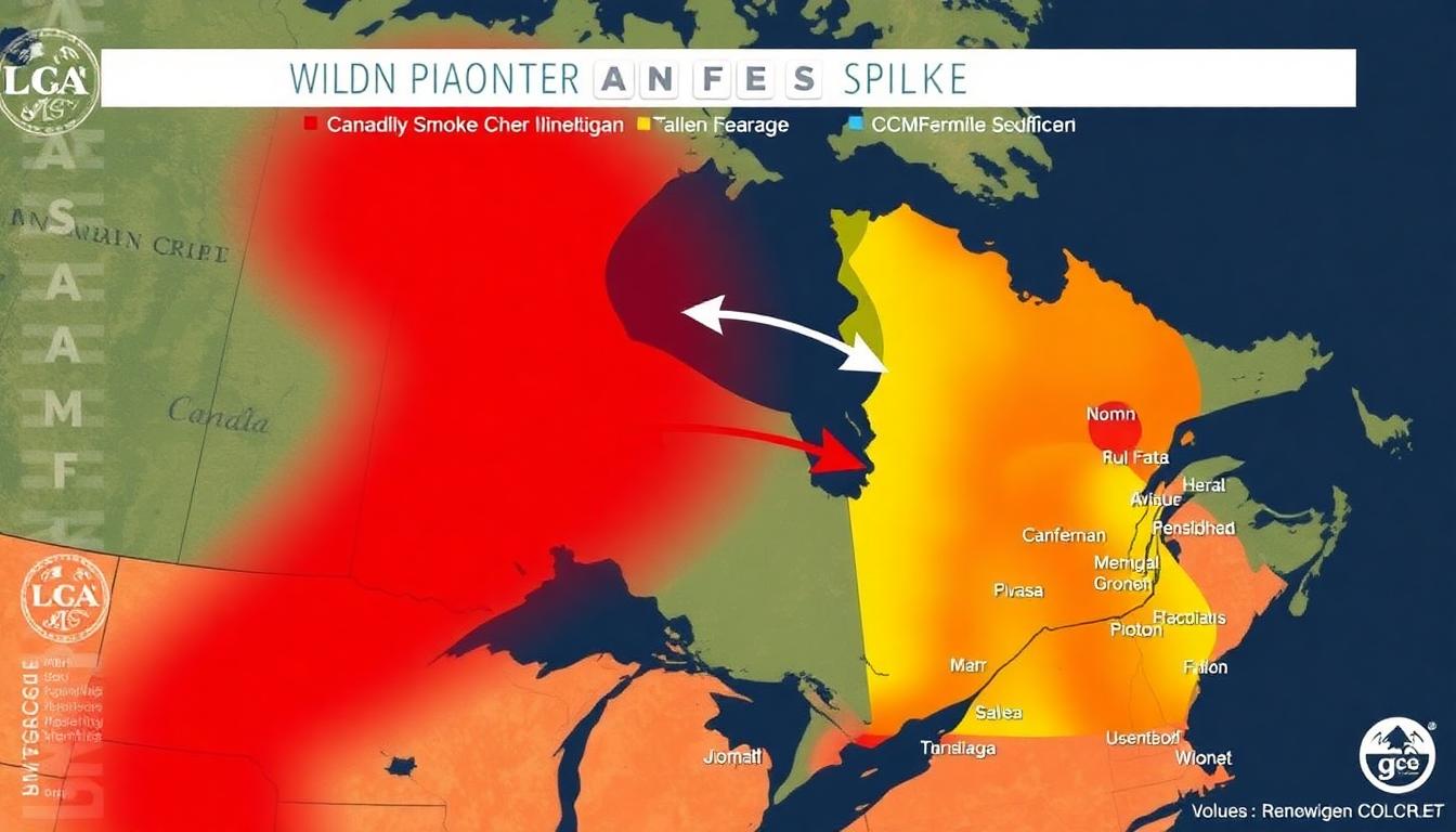 Color-coded map illustrating Canadian wildfire smoke moving into Minnesota and Michigan, arrows showing wind direction, highlighted cities, infographic style