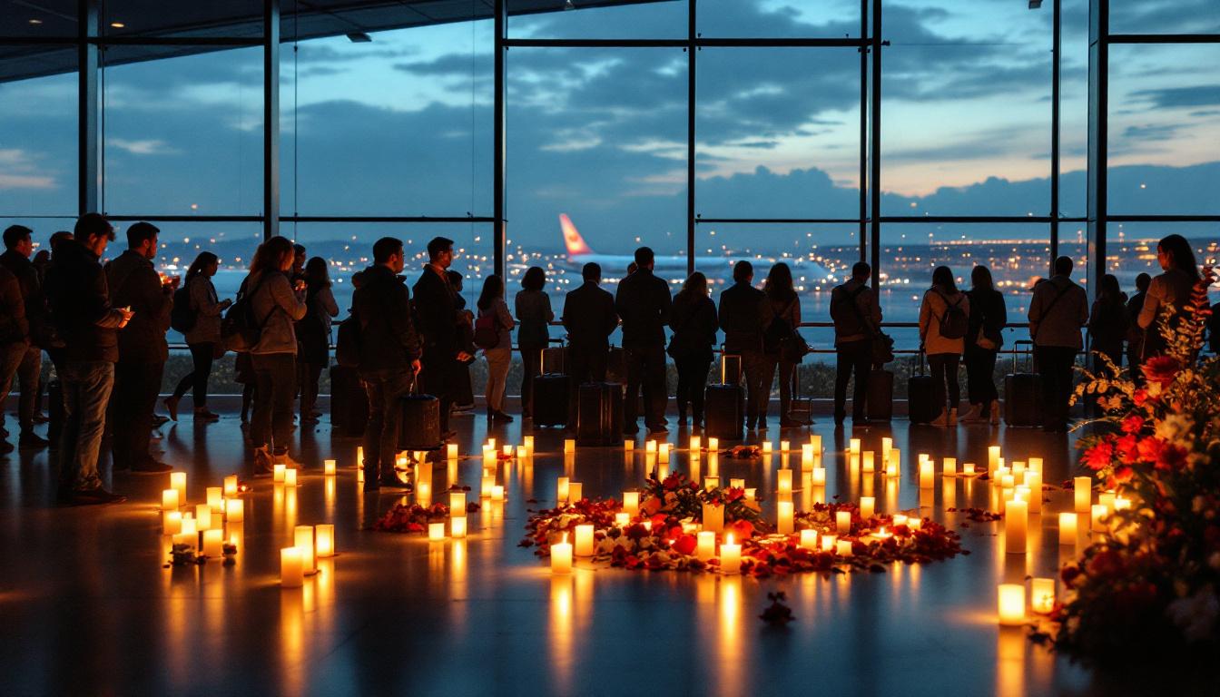 Candlelight vigil in an airport terminal; passengers, staff, and families gather around candles and flowers near a gate, showing unity and remembrance.