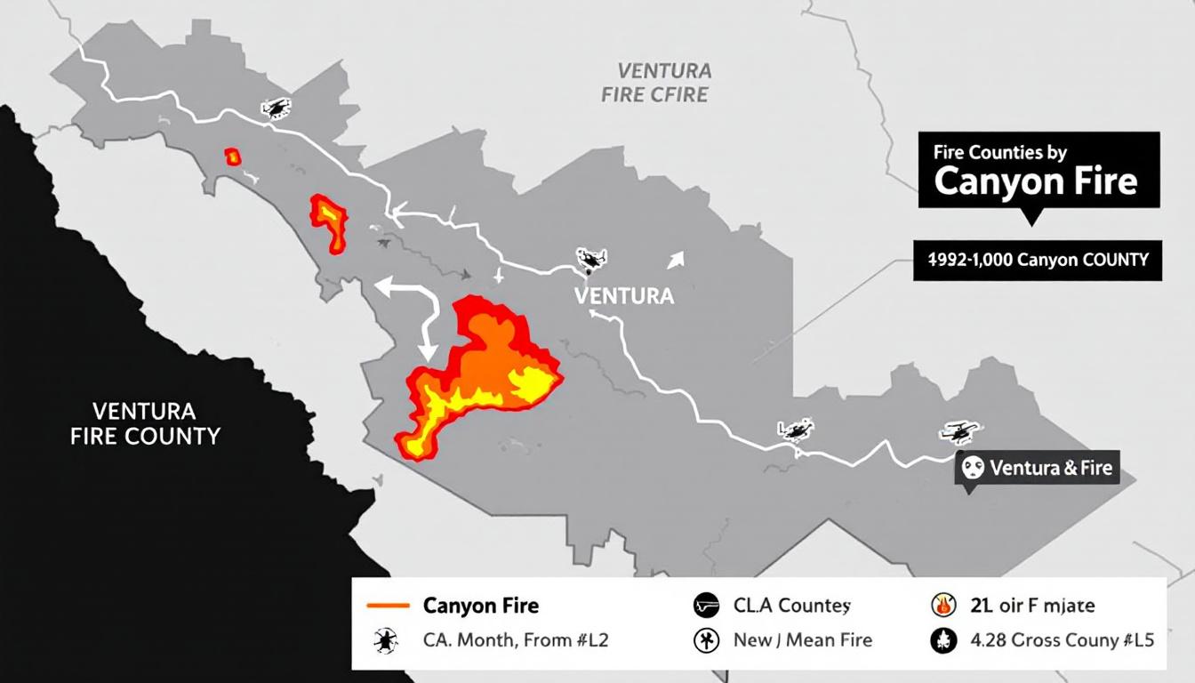 Infographic: Canyon Fire map showing burn area in Ventura and LA counties, color-coded zones, arrows for wind, icons for helicopters and fire crews, modern style