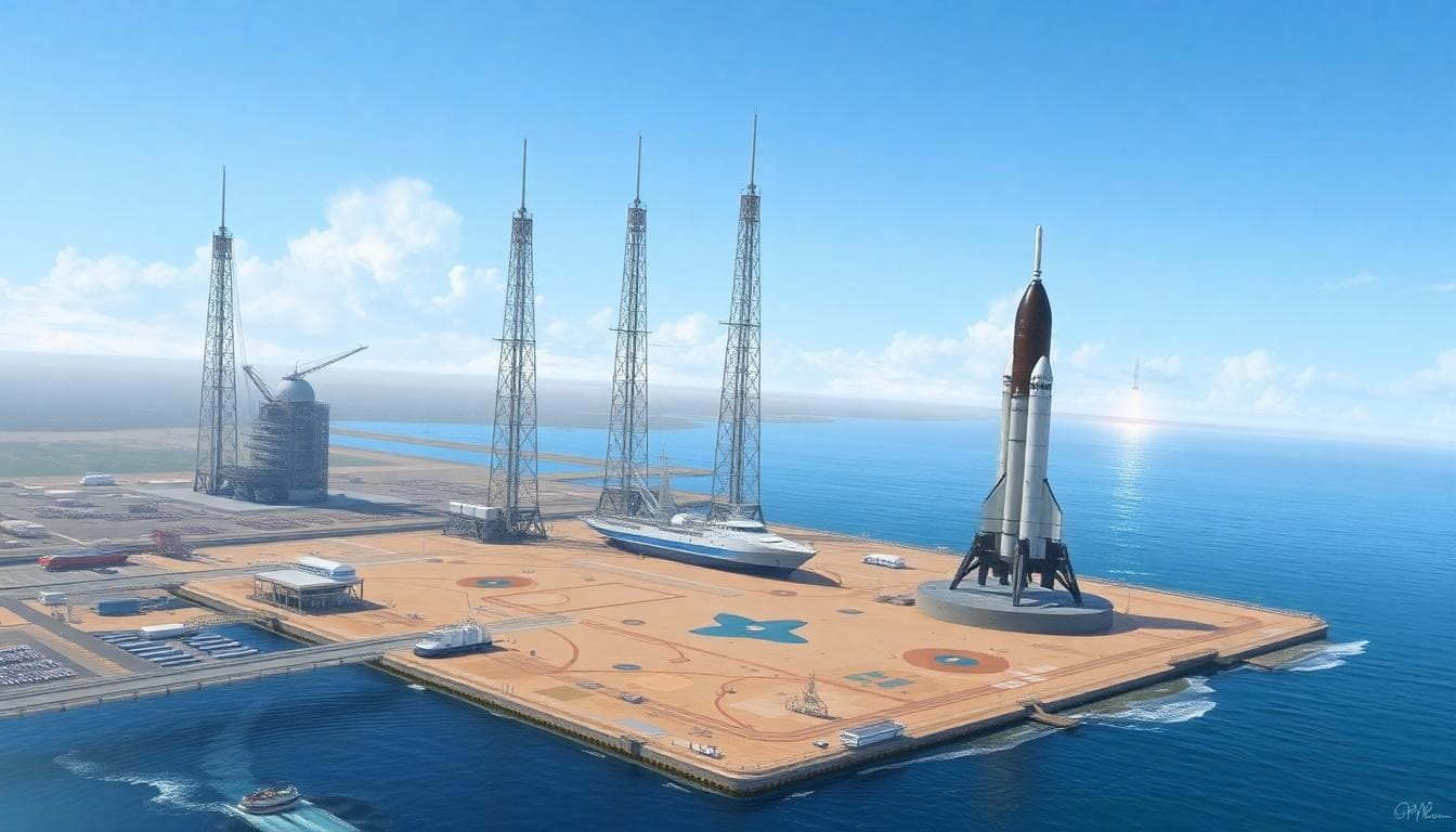 Digital painting of Cape Canaveral Space Force Station with multiple launch pads and rockets by the ocean