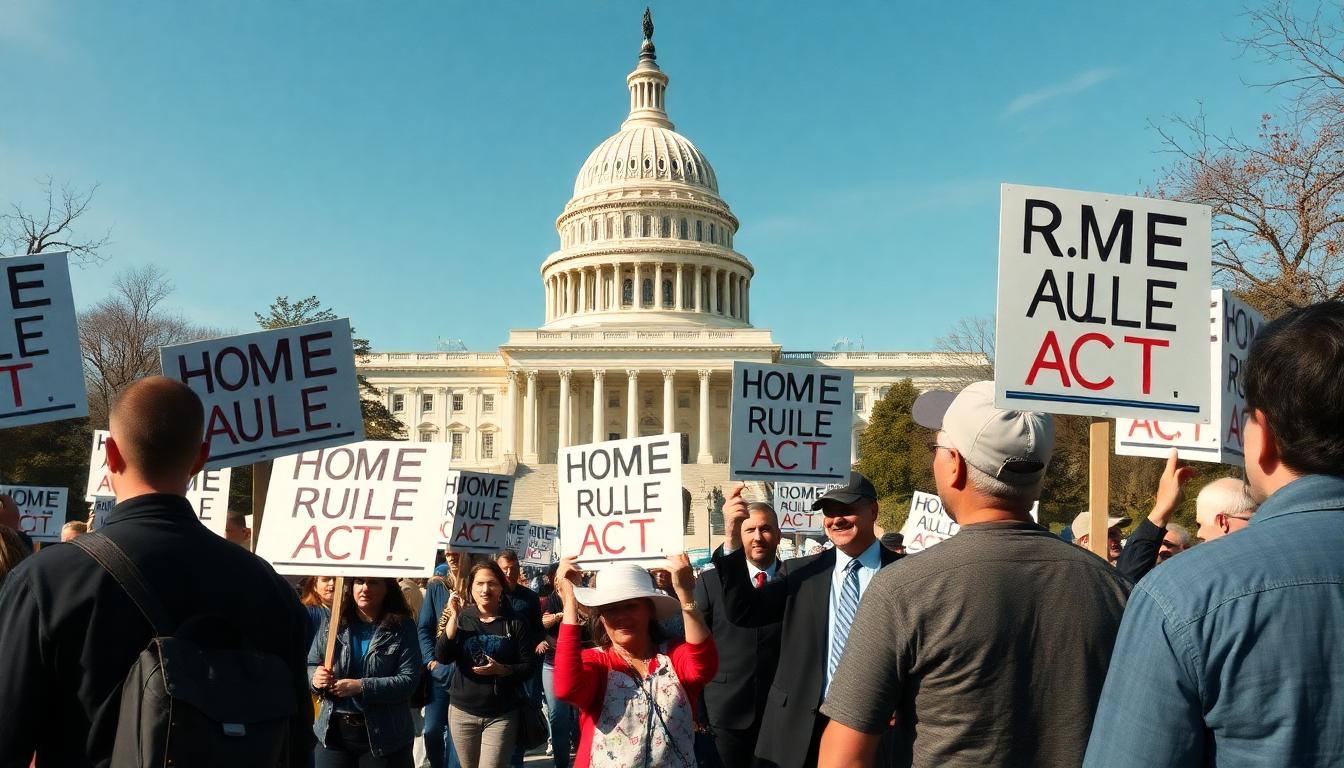 Daytime protest outside local government in DC, Home Rule Act signs, residents and politicians, media taking photos, mood of debate and division