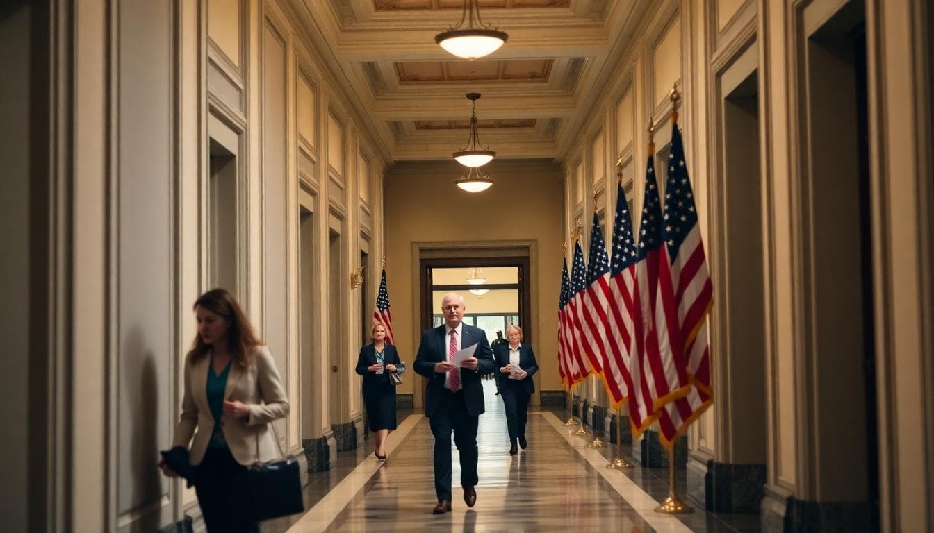 Capitol corridor with staffers walking during negotiations
