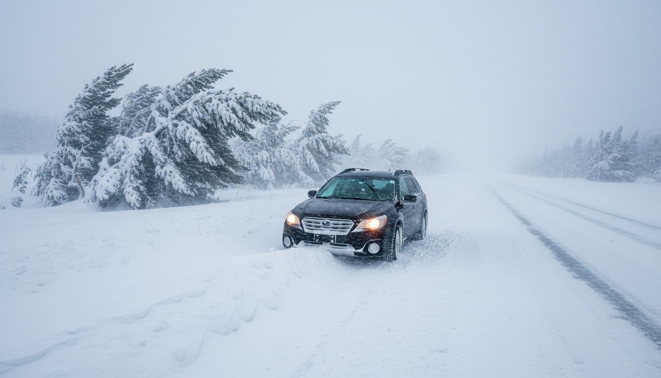 Car stuck in deep roadside snow during a winter storm