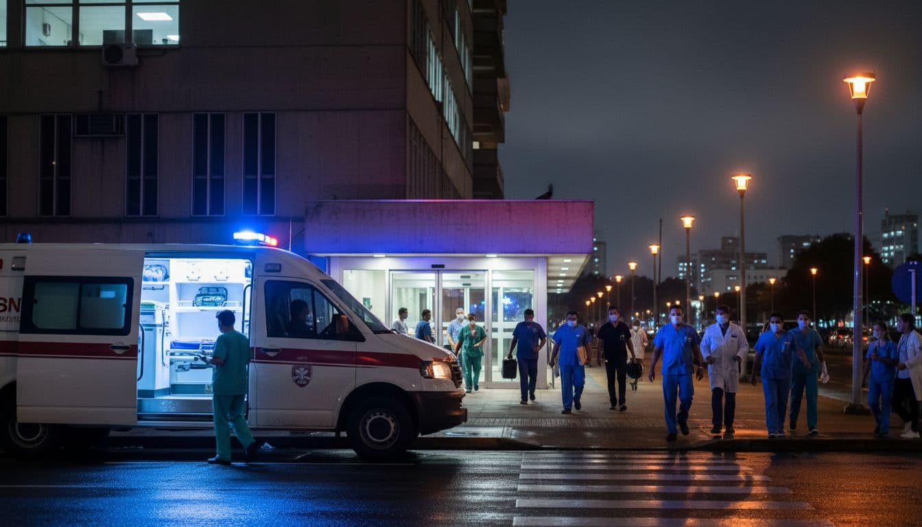 Hospital entrance at night in Caracas with ambulances and medical staff
