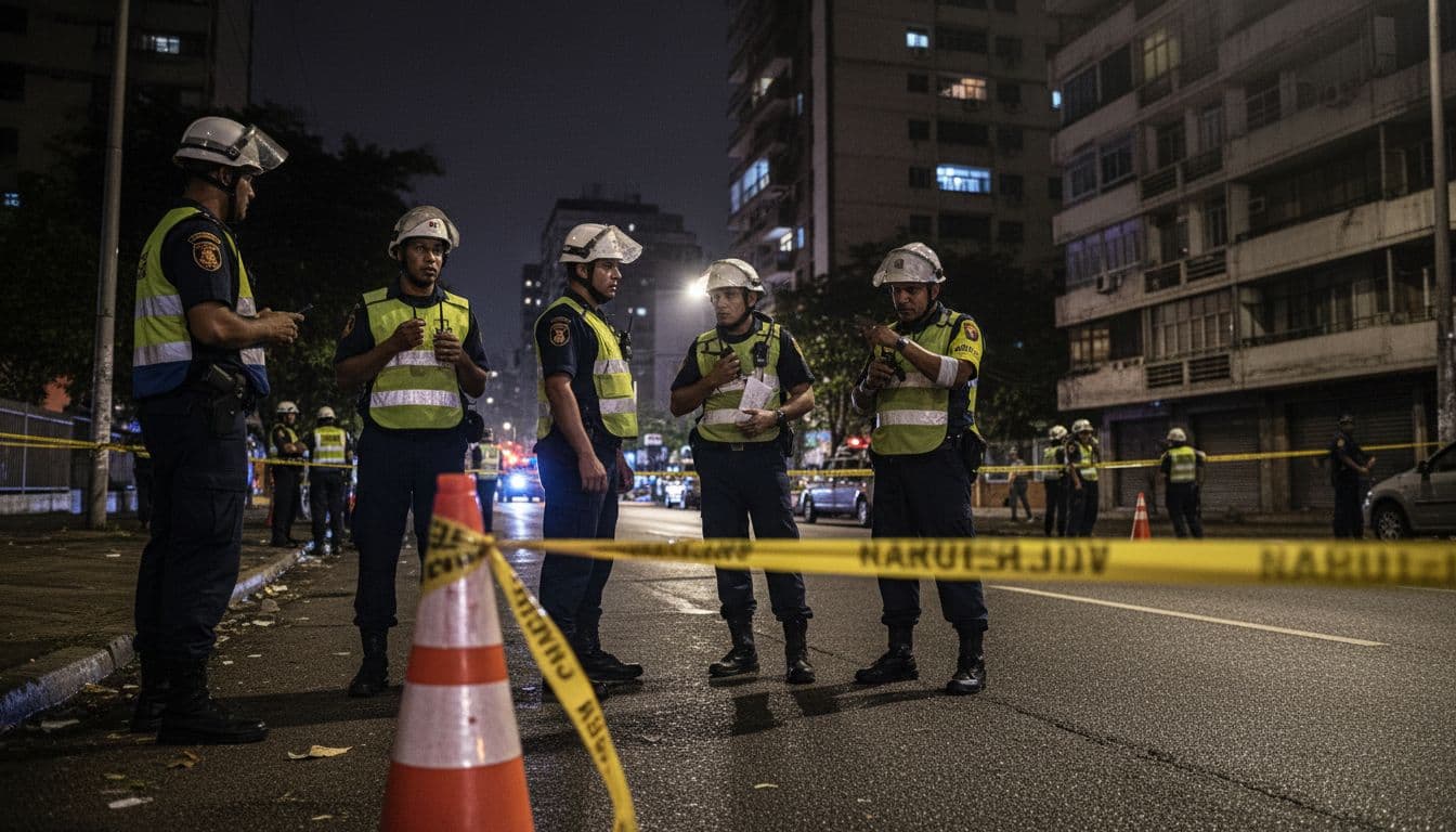 Emergency responders and police securing a street at night in Caracas with caution tape