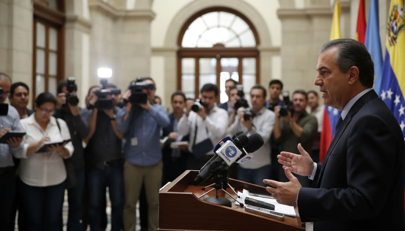 Press briefing scene with microphones and journalists in Caracas