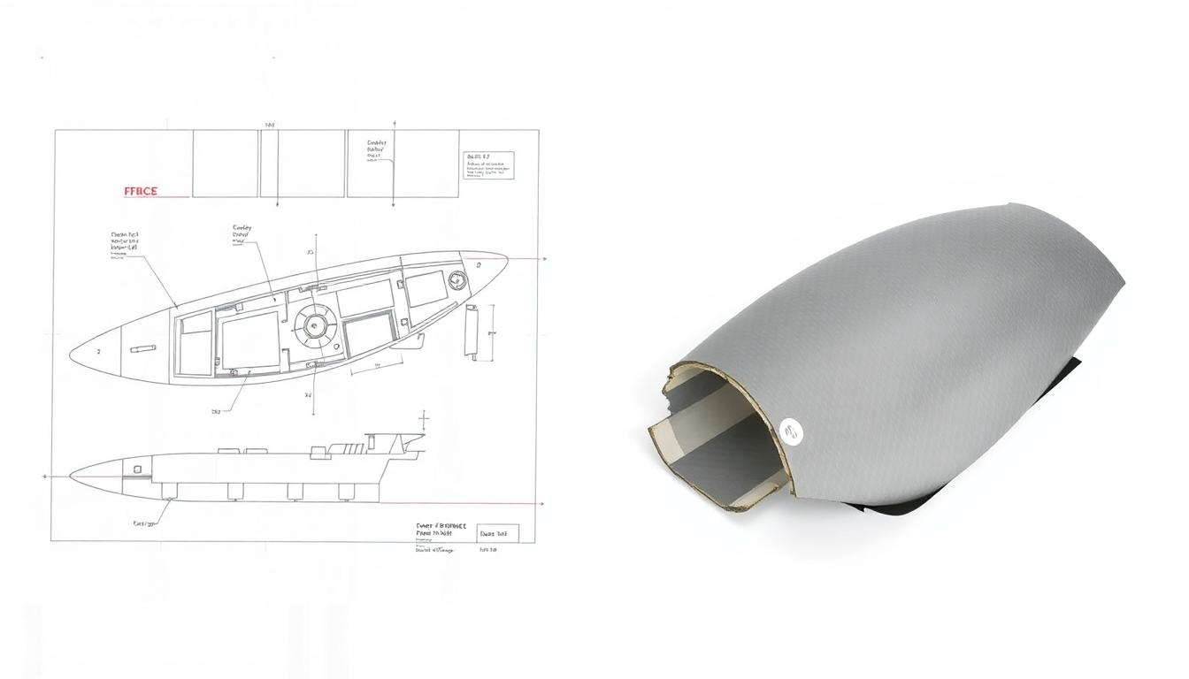 Inside Article Image 3: Blueprint and damaged carbon fiber hull sample