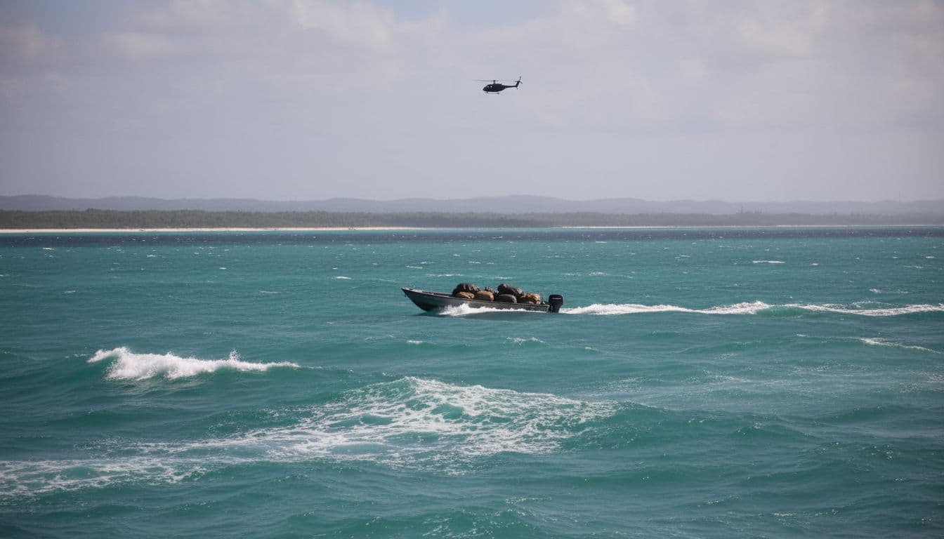 US Faces War Crime Allegation Over Reported “Disguised” Aircraft in Caribbean Drug Boat Strike 2 Small fast boat moving across choppy Caribbean waters with distant coastline, representing the maritime setting of drug interdiction operations