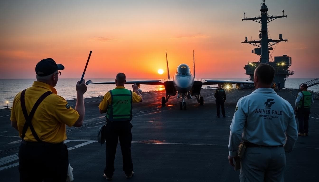 USS Nimitz Loses Two Aircraft in South China Sea; All Crew Recovered Safely 4 USS Nimitz flight deck crew guiding aircraft at dusk with safety gear on