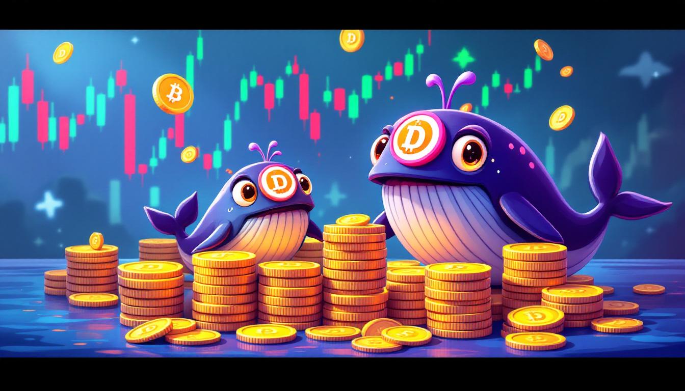 Cartoon-style cryptocurrency whales with DOGE logos, stacks of coins, price candlestick charts in the background, money flow visual
