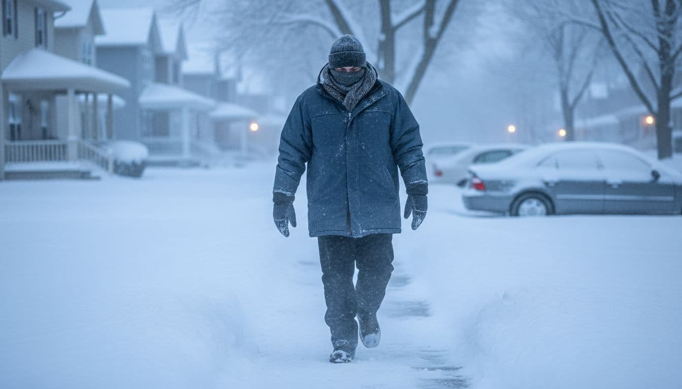 Person bundled up in heavy winter clothing walking on a snowy sidewalk