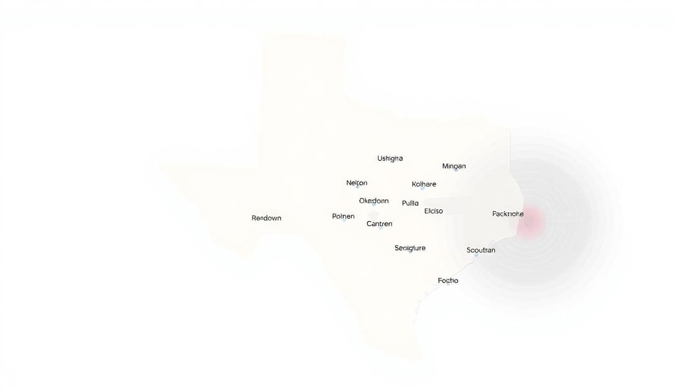 Stylized map illustration showing shockwave reports across Central Texas communities