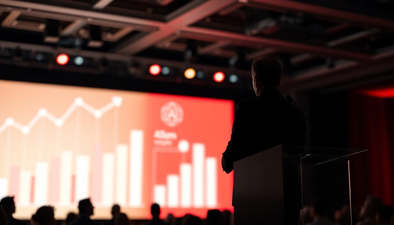 CEO silhouette at a podium with AI charts rising on a large screen