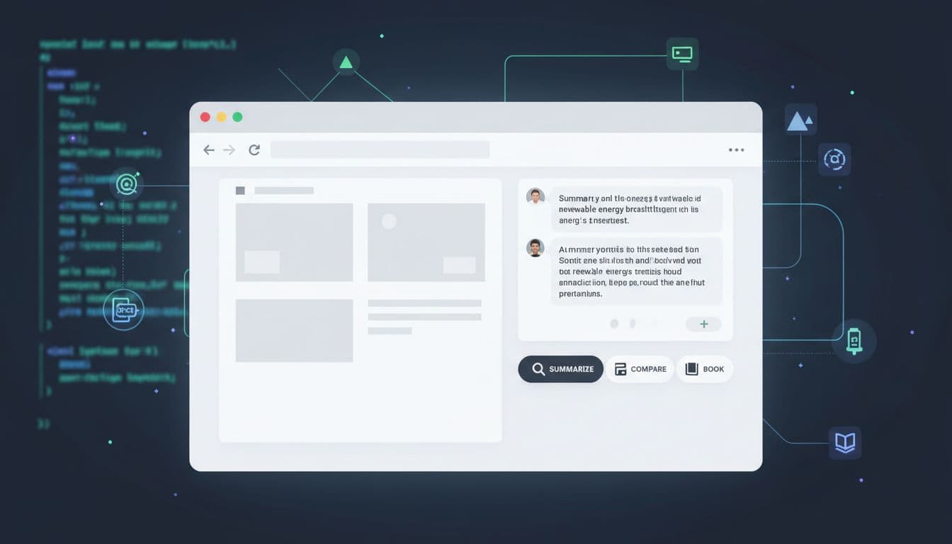 Mockup of a browser window with a chat sidebar showing summarize, compare, and book actions