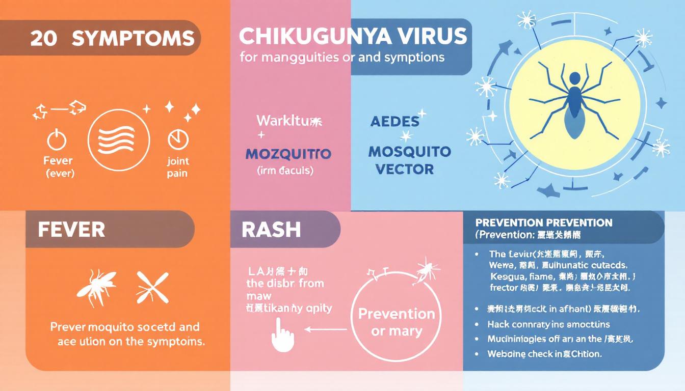 Infographic showing chikungunya virus symptoms, Aedes mosquito vector, prevention tips in both English and Chinese