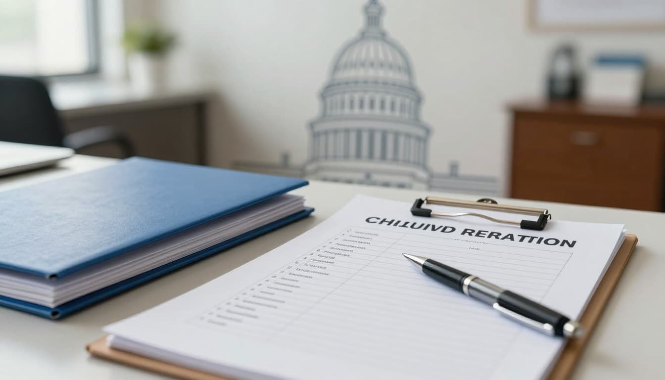 Desk with folders and a checklist representing licensing compliance review