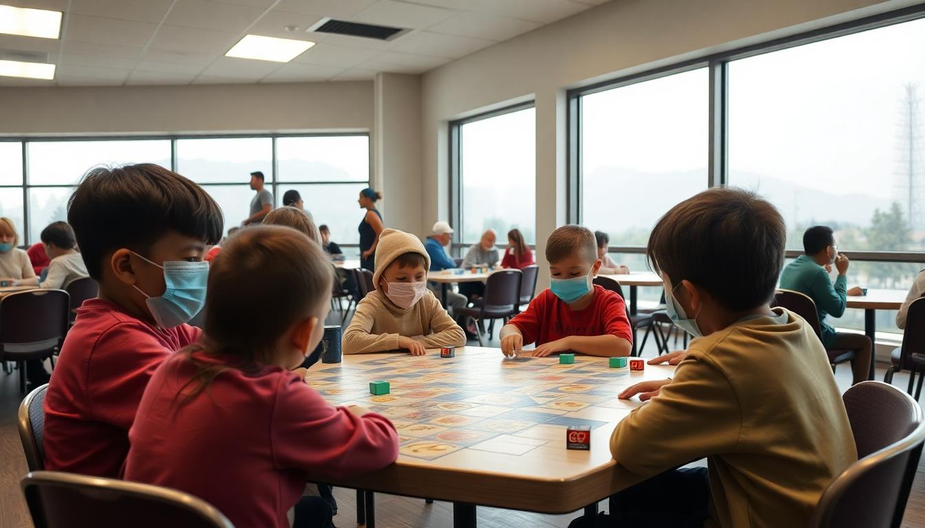 Children wearing masks playing board games indoors at a busy community center, outside windows show visible wildfire smoke haze