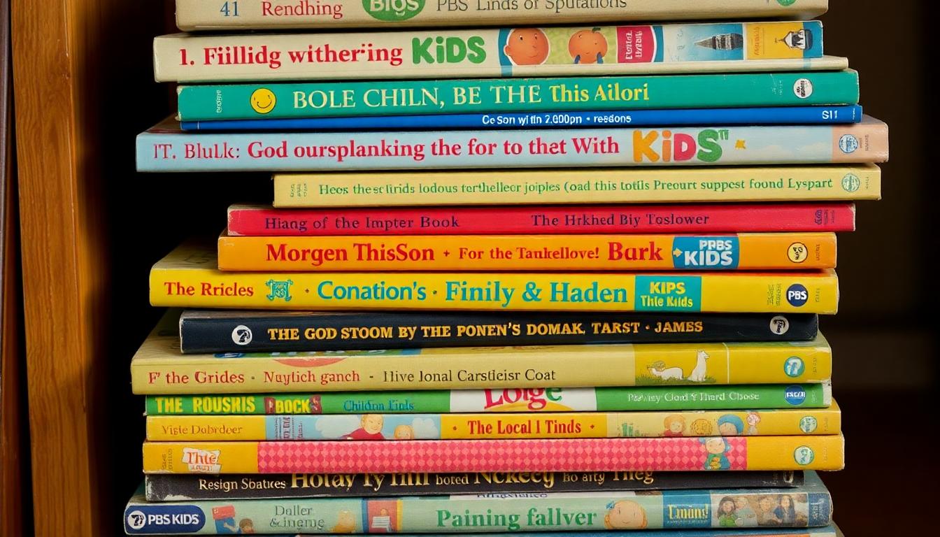A stack of children's educational books and PBS Kids memorabilia gathering dust