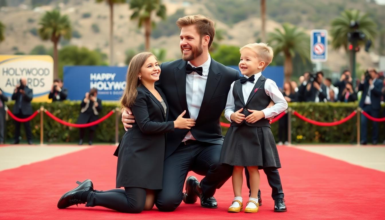 Chris Hemsworth kneeling on the red carpet, eye-level with Sasha and Tristan, all laughing in formal but kid-friendly attire, photographers and Hollywood signs blurred in background, candid and heartwarming.