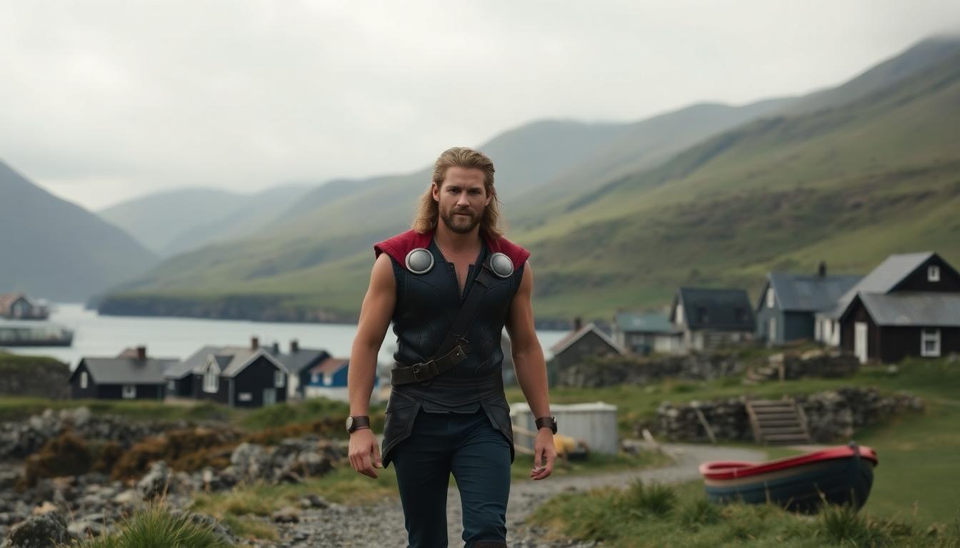Chris Hemsworth as Thor, dressed casually, walking through a scenic Scottish Highlands fishing village, peaceful, green hills, sense of nostalgia.