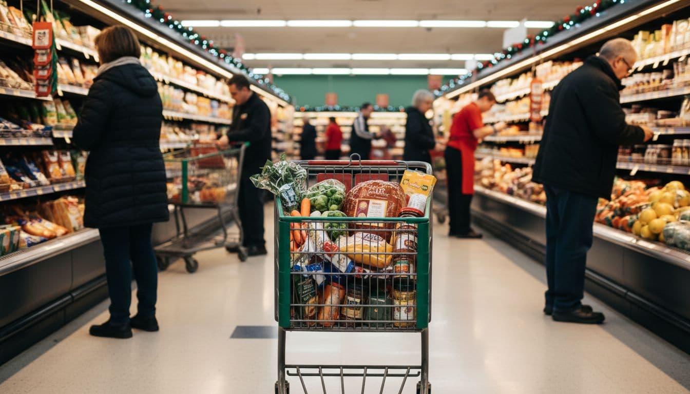 Grocery cart with holiday meal staples in a bright grocery store aisle