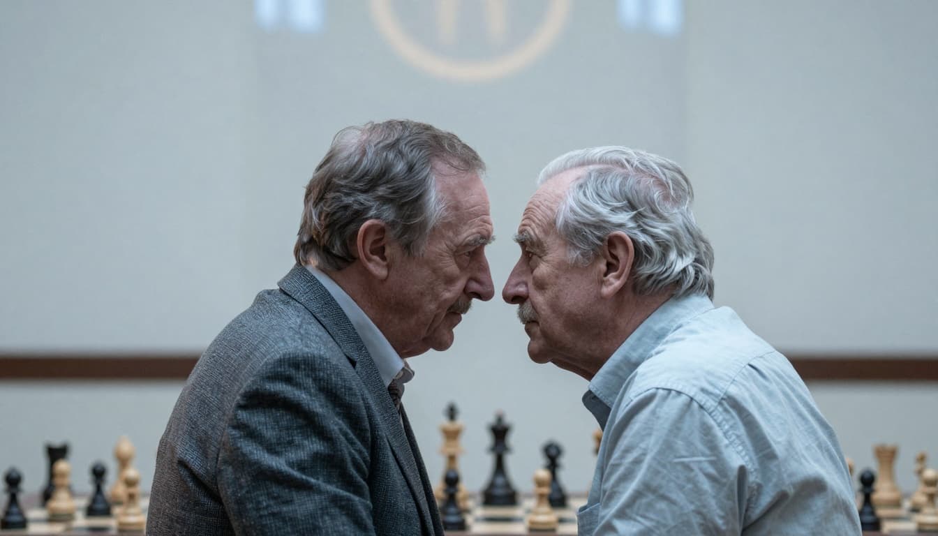 Two older men facing each other in a dramatic, moody scene, suggesting legendary rival leaders