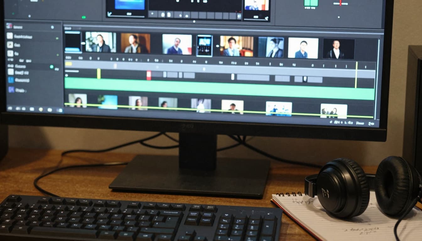 Film editing room with a monitor showing a timeline, hinting at trailer assembly and runtimes