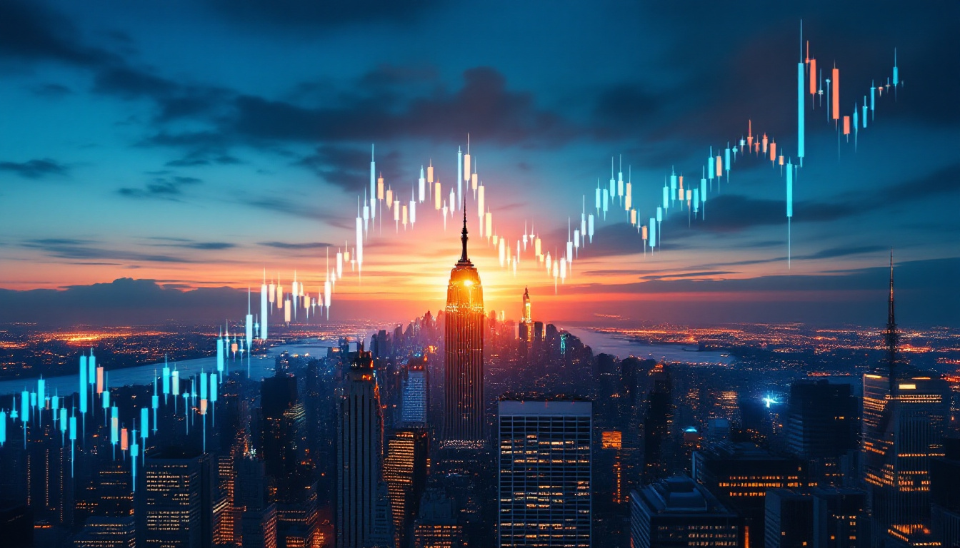 City skyline at dusk with a transparent overlay of a rising candlestick chart