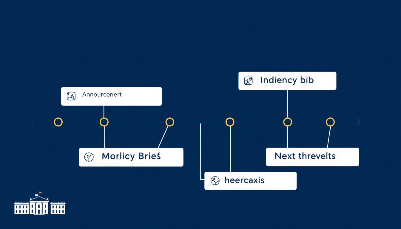 Clean timeline graphic on a navy background marking milestones after a White House announcement