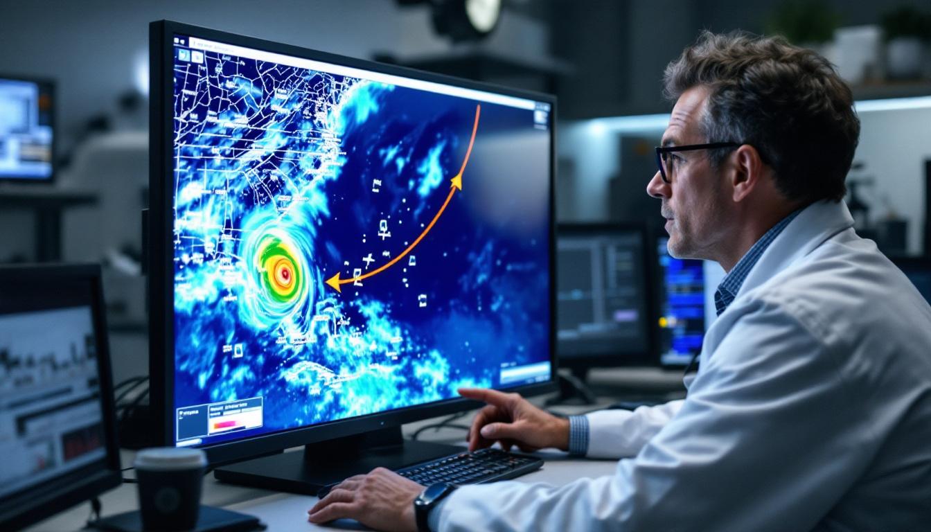 Climate scientist in lab reviews animated hurricane forecast on digital screen, sea surface temperature map, storm icons, focus on climate change link