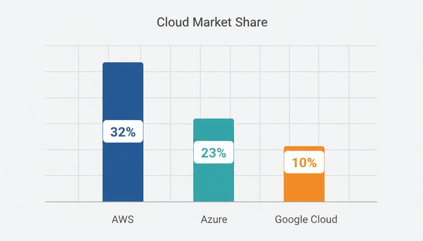Illustrative bar chart showing AWS at 32%, Azure at 23%, Google Cloud at 10%