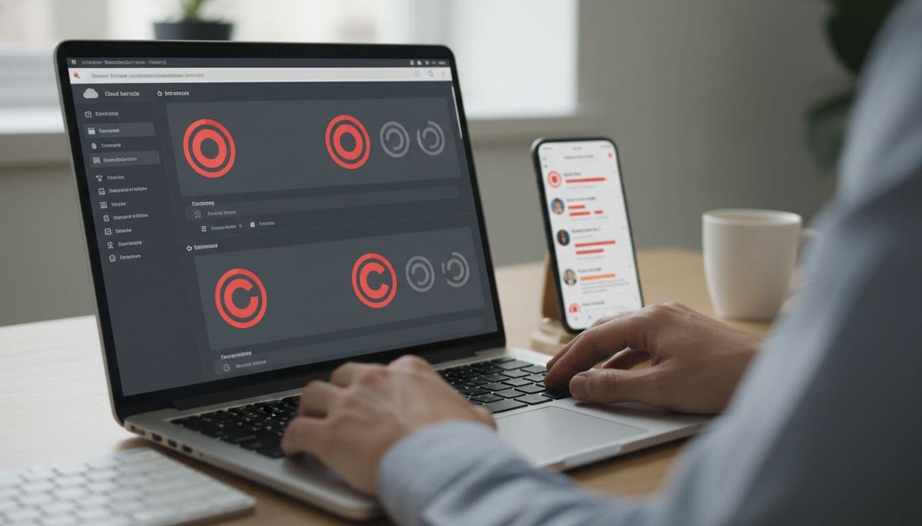 Person troubleshooting cloud service errors on laptop with phone showing outage chatter
