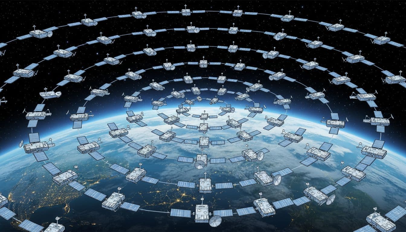 SpaceX Launches 60th Falcon 9 From Vandenberg in 2025, Adds 27 New Starlink Satellites 4 Cluster of Starlink style satellites orbiting Earth above the atmosphere