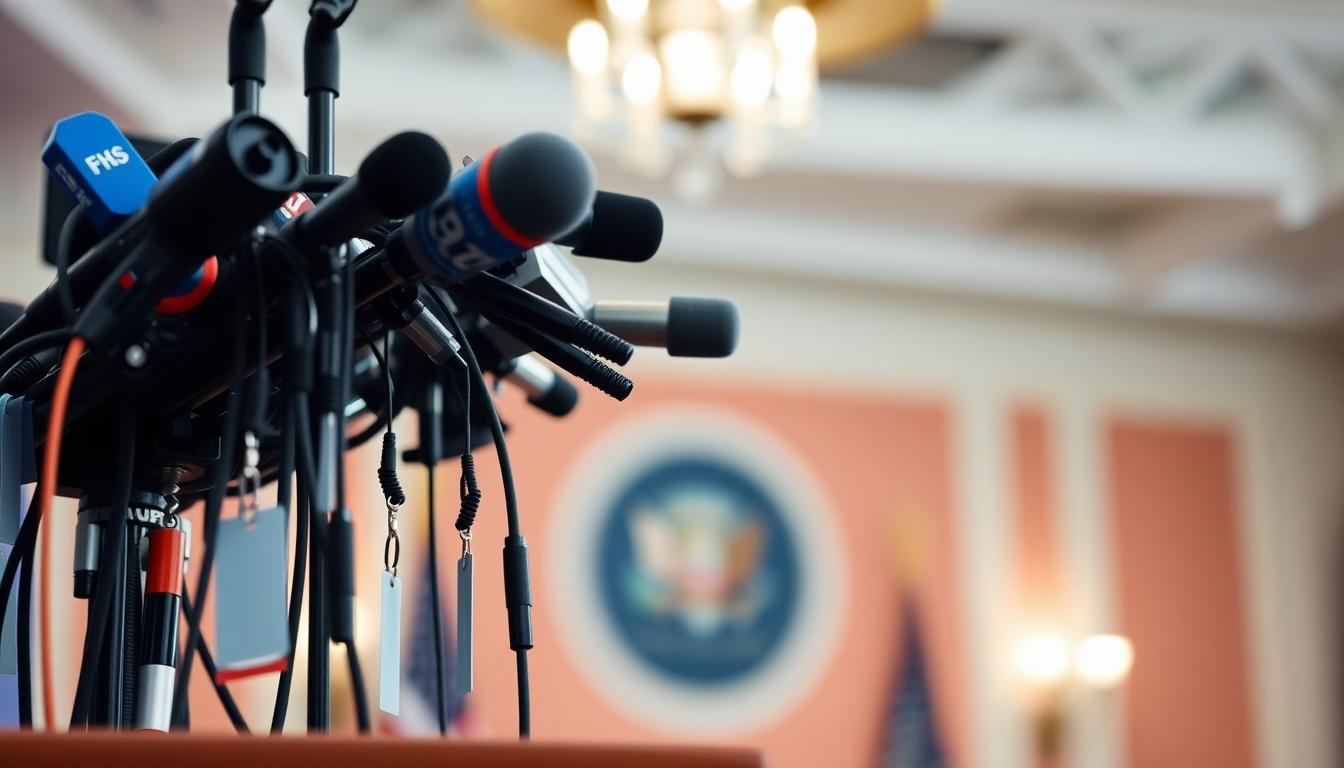Close-up of clustered microphones and media badges before a White House media event