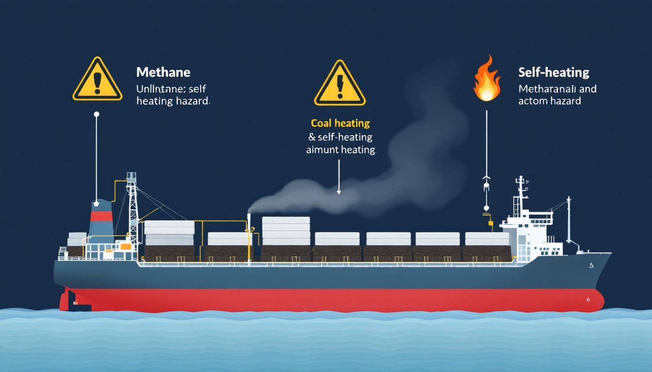 Fire and Explosion in Baltimore Harbor: What Happened to the W-Sapphire? 4 A technical illustration showing coal cargo with warning symbols for methane and self-heating hazard, overlaid on a ship's cutaway profile.