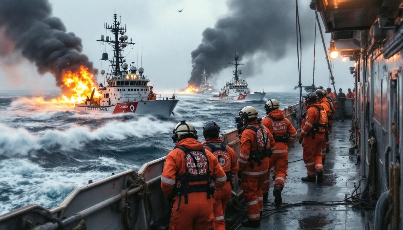 Fire and Explosion in Baltimore Harbor: What Happened to the W-Sapphire? 3 Detailed image of crew members on deck, safe and unharmed, as Coast Guard boats approach ship after explosion.