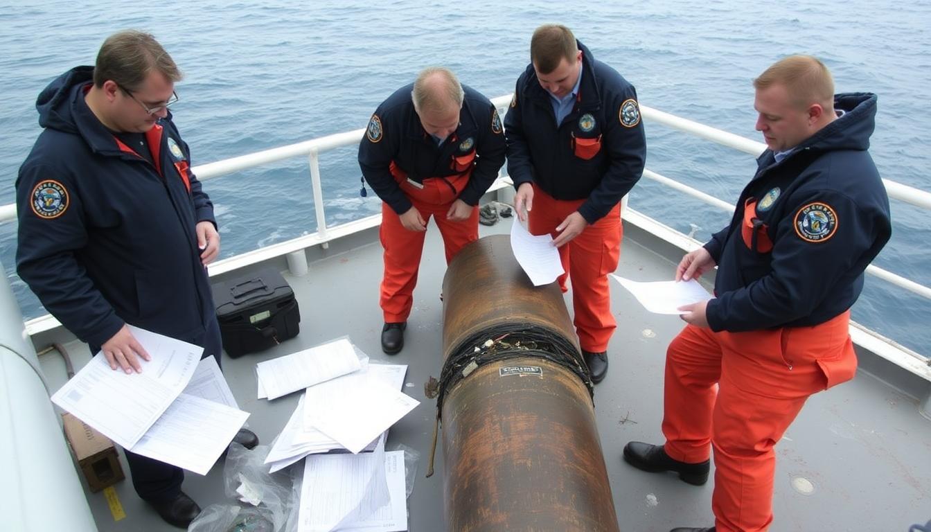 Inside Article Image 1: Coast Guard investigators examining sub debris