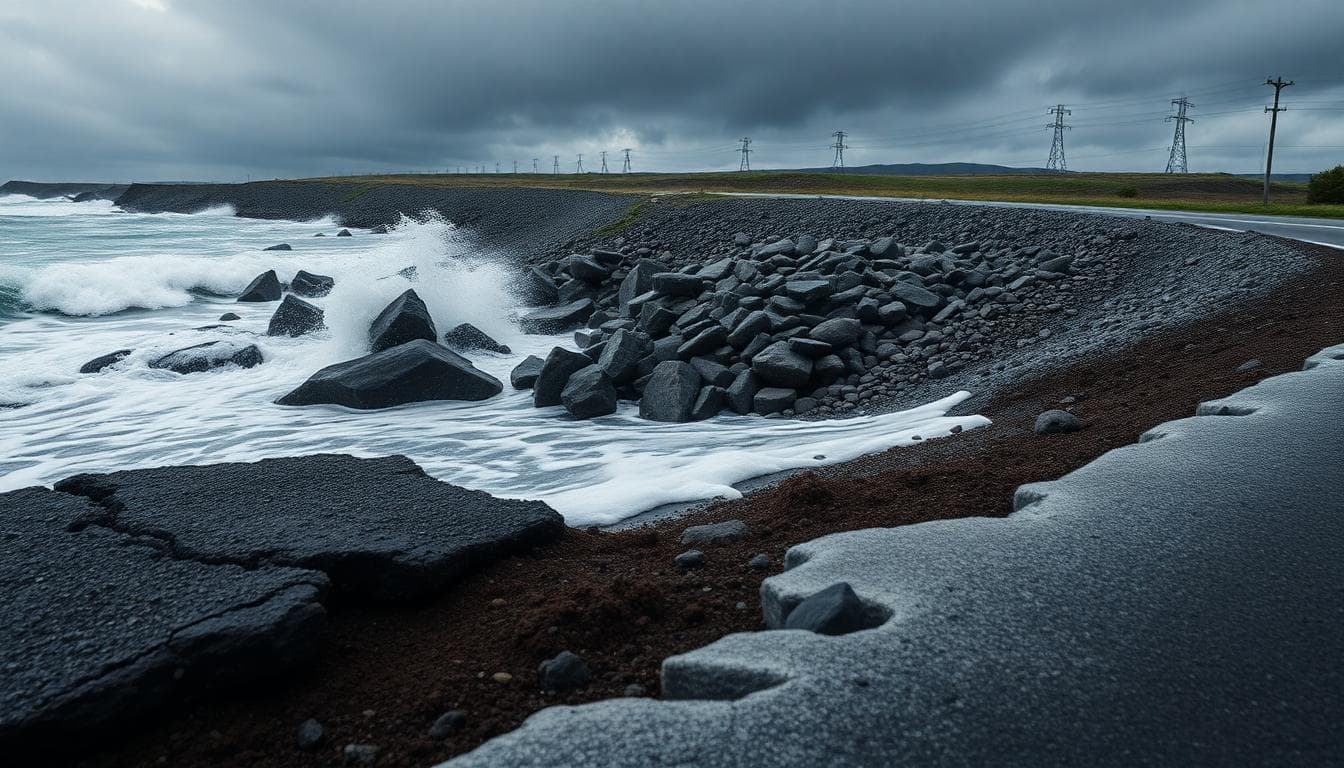 Western Alaska Storm Brings Deadly Flooding and High Seas: What Happened and What Comes Next 4 Coastal erosion where asphalt road edge has collapsed into storm-tossed surf in Alaska