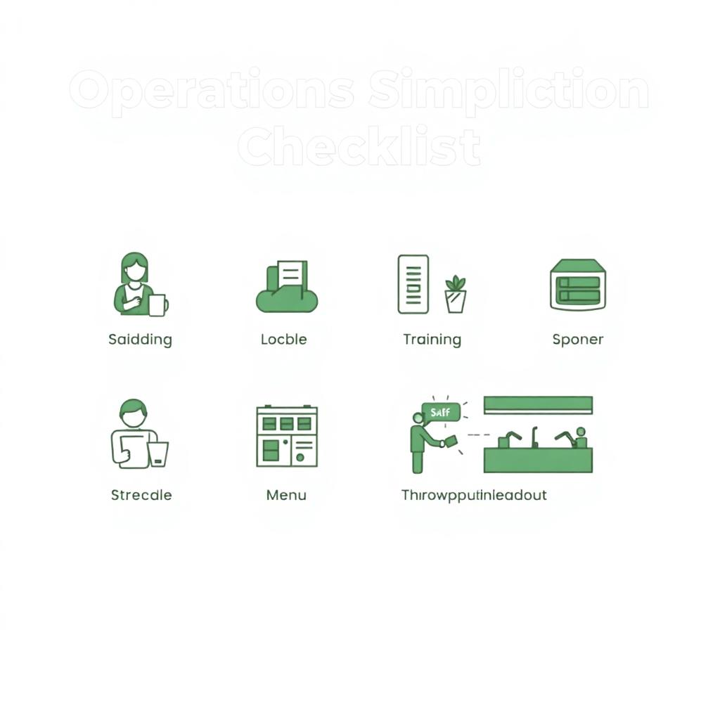 Operations simplification checklist icons for staffing, training, menu, and throughput
