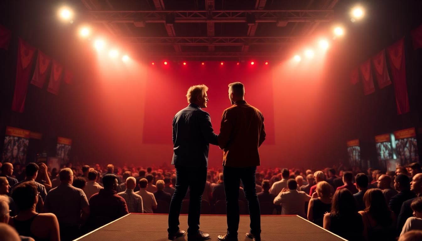 Paul Bettany Teases Vision’s Return in VisionQuest, Plus Daredevil Reunion Hints at NYCC 4 Wide shot of a comic convention stage with two actors greeting center stage and crowd silhouettes