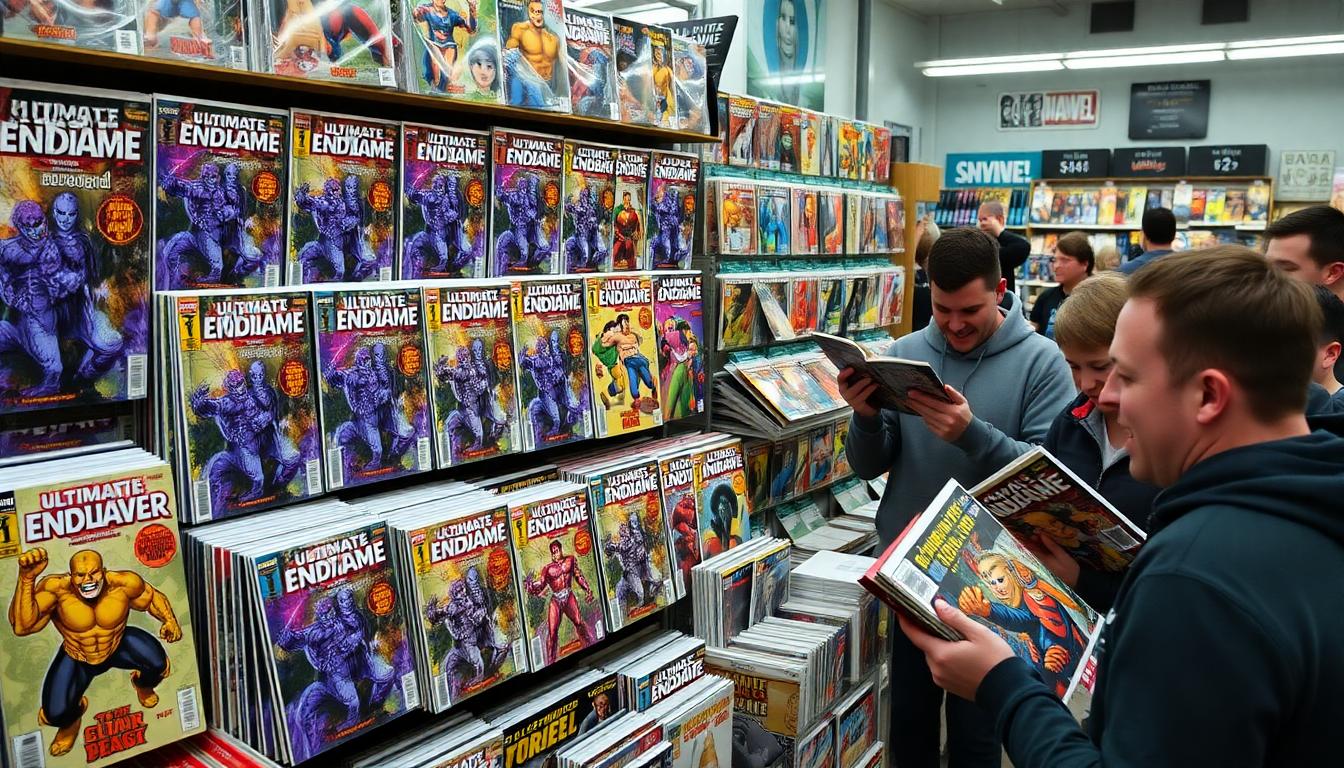 Marvel Ushers in a New Era: ‘Ultimate Endgame #1’ and True Believers Blind Bags Debut 4 Comic shop display with Ultimate Endgame issues and excited fans