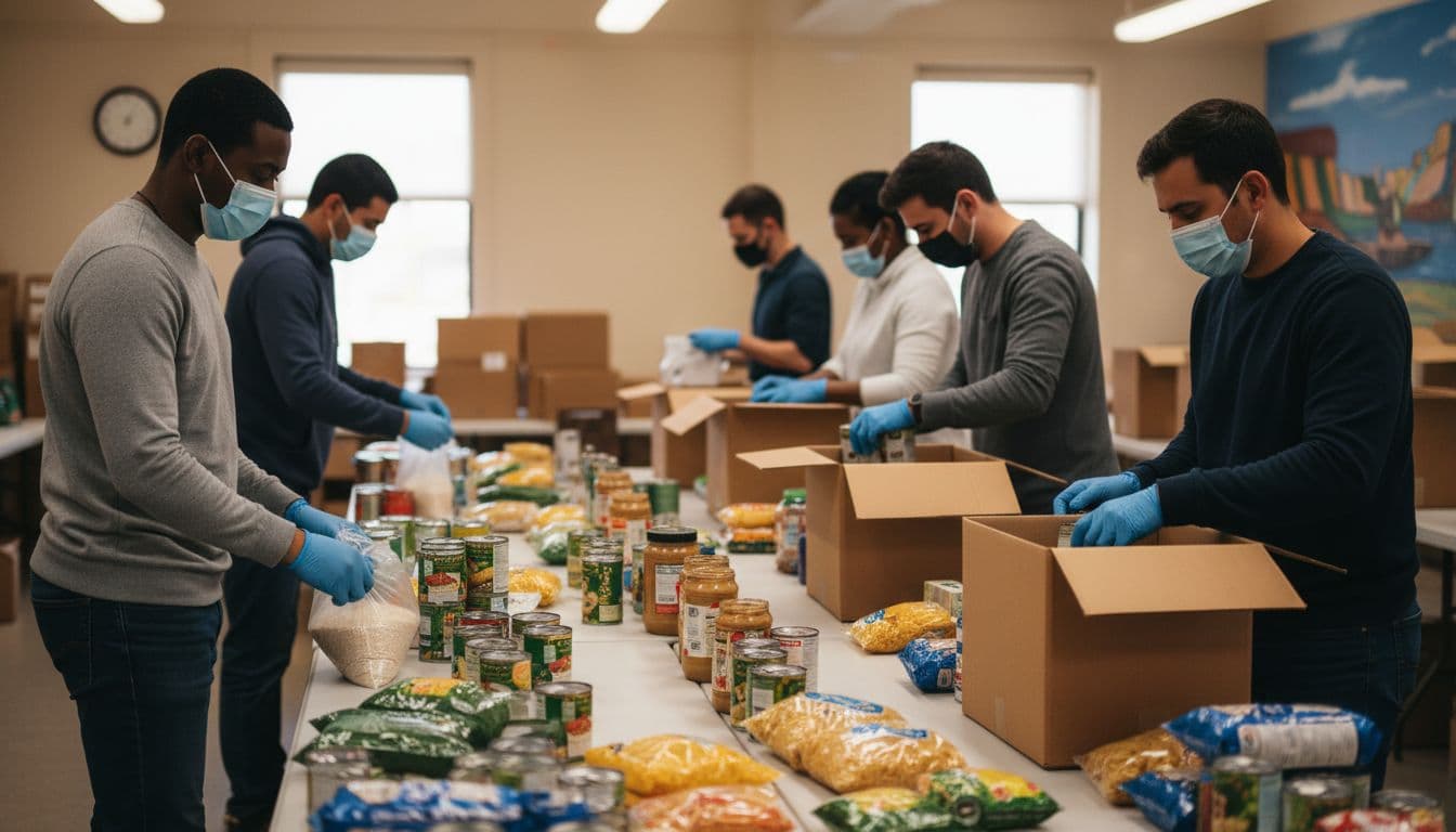 Volunteers packing food boxes at a community pantry