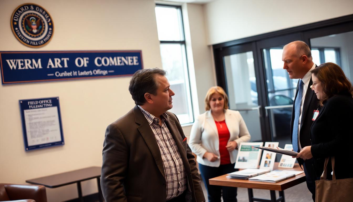 Agent speaking with local residents at a federal field office community outreach table