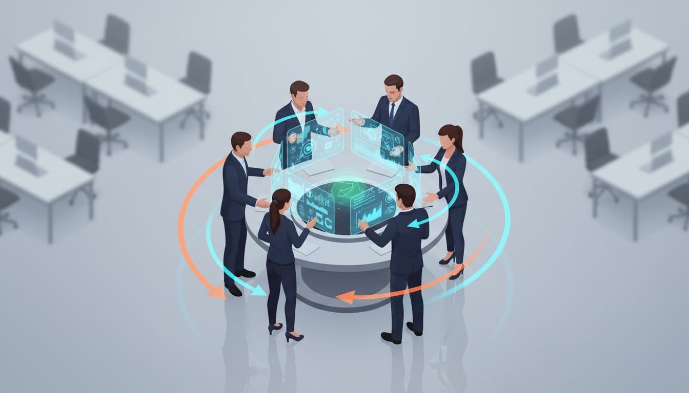 Abstract isometric scene of a compact AI team with holographic dashboards and feedback loops