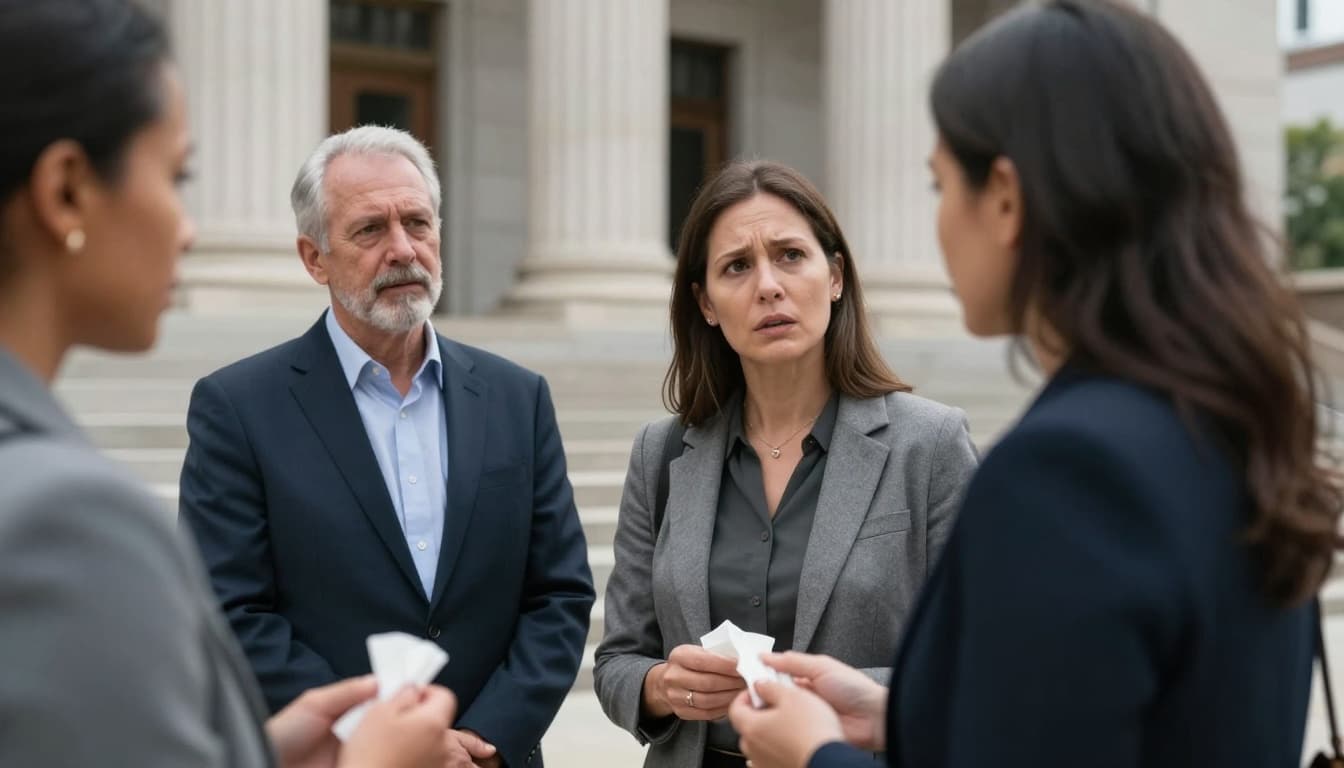 A grieving mother speaking with an advocate outside a courthouse