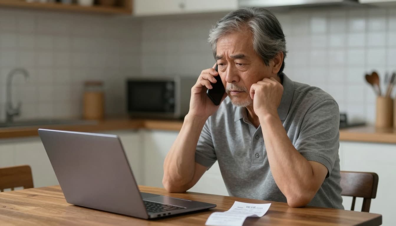 Older adult looking concerned while talking on the phone at home, implying a scam
