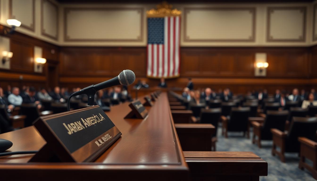 Microphone and nameplate in a congressional oversight hearing room before a session