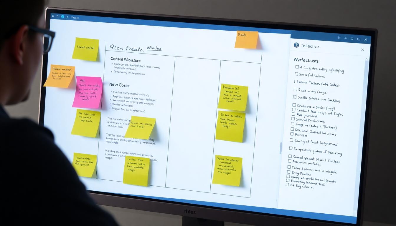 Content creator planning article structure with sticky notes, digital wireframes, and a checklist on a desktop screen