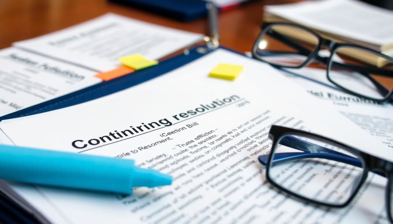 Close-up of a binder and printed bill pages for a continuing resolution with tabs and sticky notes